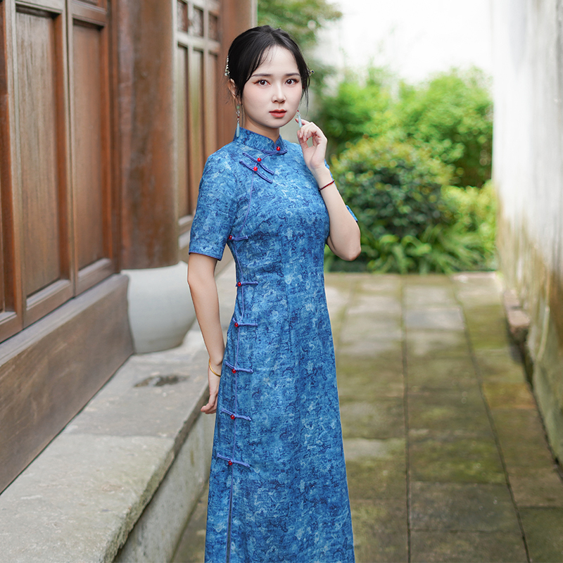 如意风夏季新款日常可穿显瘦复古民国大小姐风蓝色中式旗袍25R646
