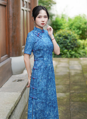 如意风夏季新款日常可穿显瘦复古民国大小姐风蓝色中式旗袍25R646