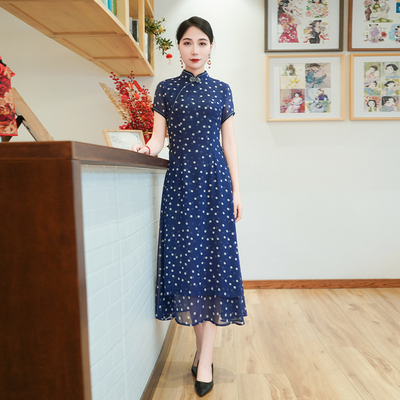 如意风夏季新款蓝色新中式修身收腰漂亮长款奥黛旗袍连衣裙25R694