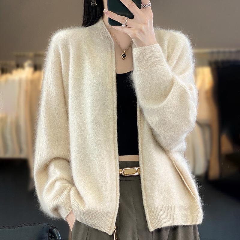 秋冬款针织山羊绒拉绒开衫女棒球领休闲宽松外套针织衫显瘦百搭