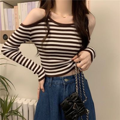 设计感露肩条纹T恤女2025春季