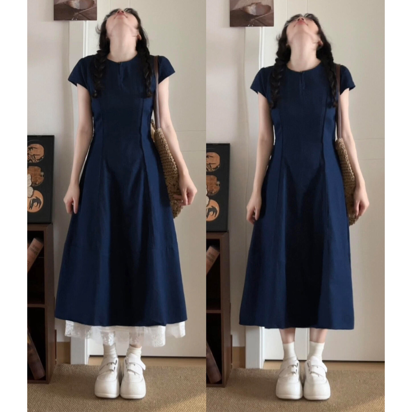 小个子初夏绝美巨好看蓝色连衣裙子女新款夏季特别漂亮掐腰A字裙