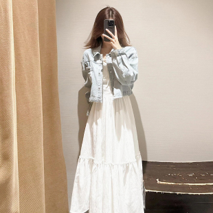 韩系穿搭一整套甜美学院风蓝色短款牛仔外套女学生叠穿吊带连衣裙