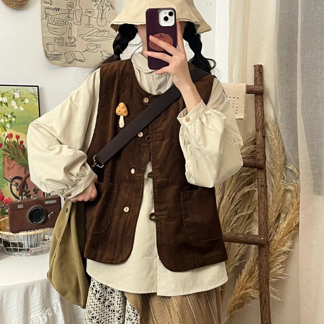 日系文艺复古套装女秋冬新款灯芯绒马甲背心叠穿长袖衬衫两件套装