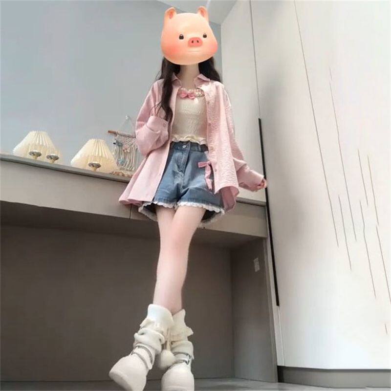 韩系春夏穿搭学院风衬衫女叠穿蝴蝶结吊带上衣高腰牛仔短裤三件套