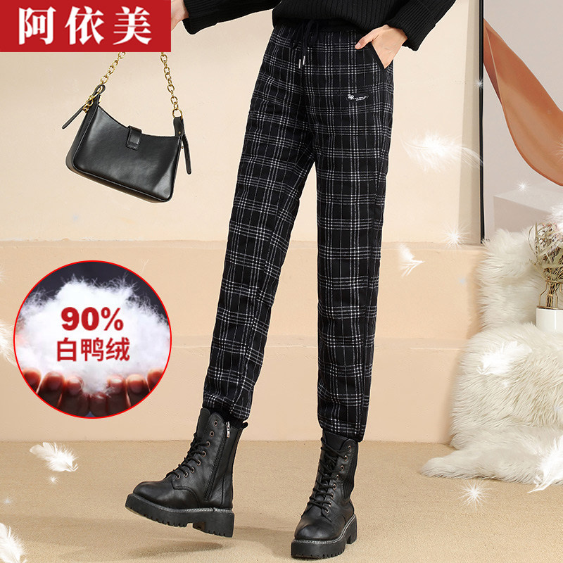 格子羽绒裤女外穿时尚2025秋冬季新款显瘦弹力加厚高腰保暖棉裤子