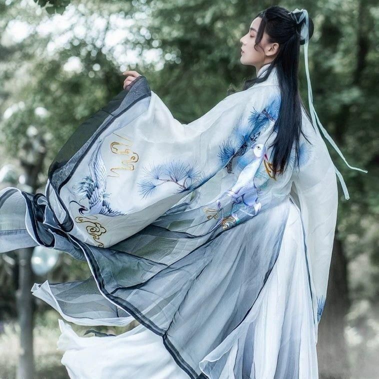 改良汉服男女朝露CP魏晋风交领齐腰大摆印花大袖衫学生日常古装