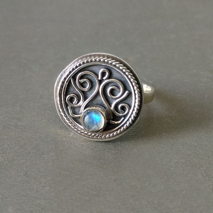 印度尼泊尔手工925银饰复古精致花卉纹月光宝石食指中指戒指女式