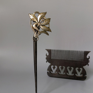 云鬓斜簪 古韵新风温柔唯美莲花扣鎏金老银黑檀木发簪古朴雅致女