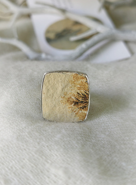 人间朝暮 叶落惊秋 美拉德925银极简风个性时尚方形树枝石戒指女