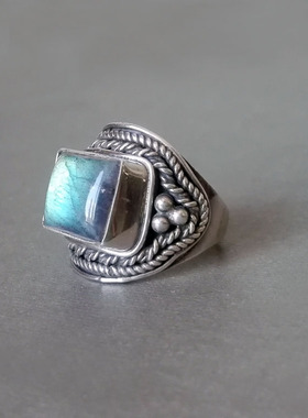 印度手工民族风雕花拉长石银戒指