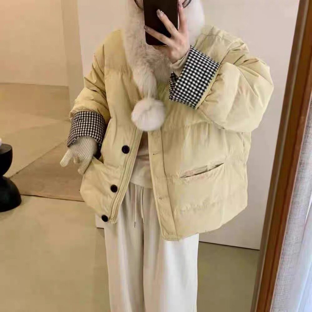 短款羽绒棉女2026新款韩国东大门高级感小个子围脖毛领外套