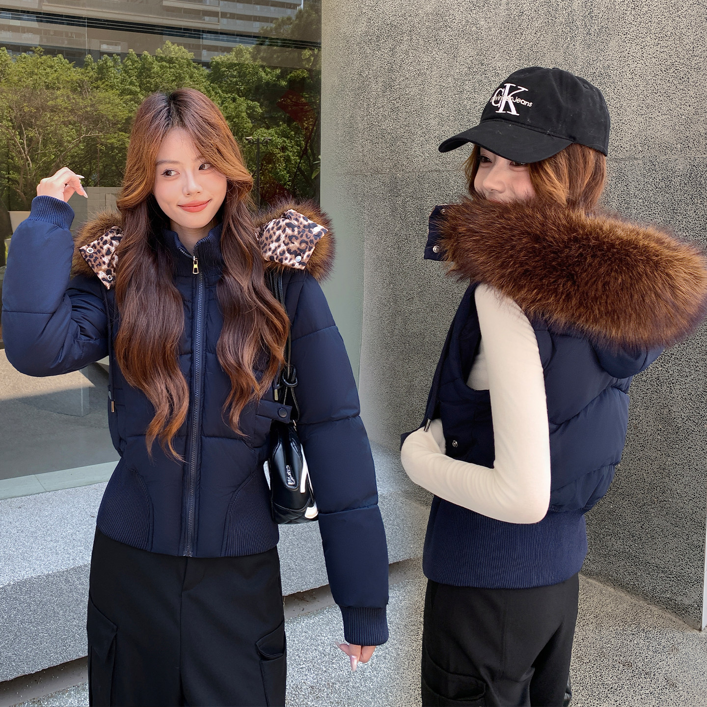 美式毛领连帽羽绒棉服女冬季新款加厚韩版收腰短款小个子棉衣外套