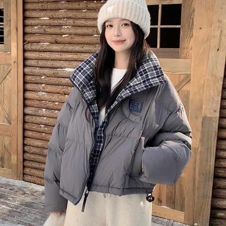 格子拼接学院风立领羽绒棉袄女冬季2025年新款短款小个子面包服