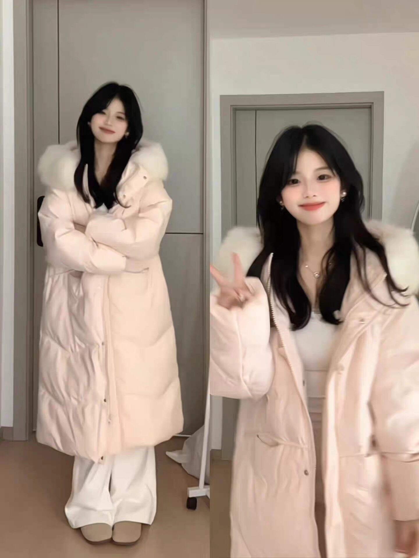 粉色小个子长款羽绒棉服女冬季2026年新款小众设计感加厚保暖外套