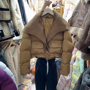 面包服时尚 2025冬季 拼接针织大翻领宽松短款 韩版 加厚棉衣女 新款