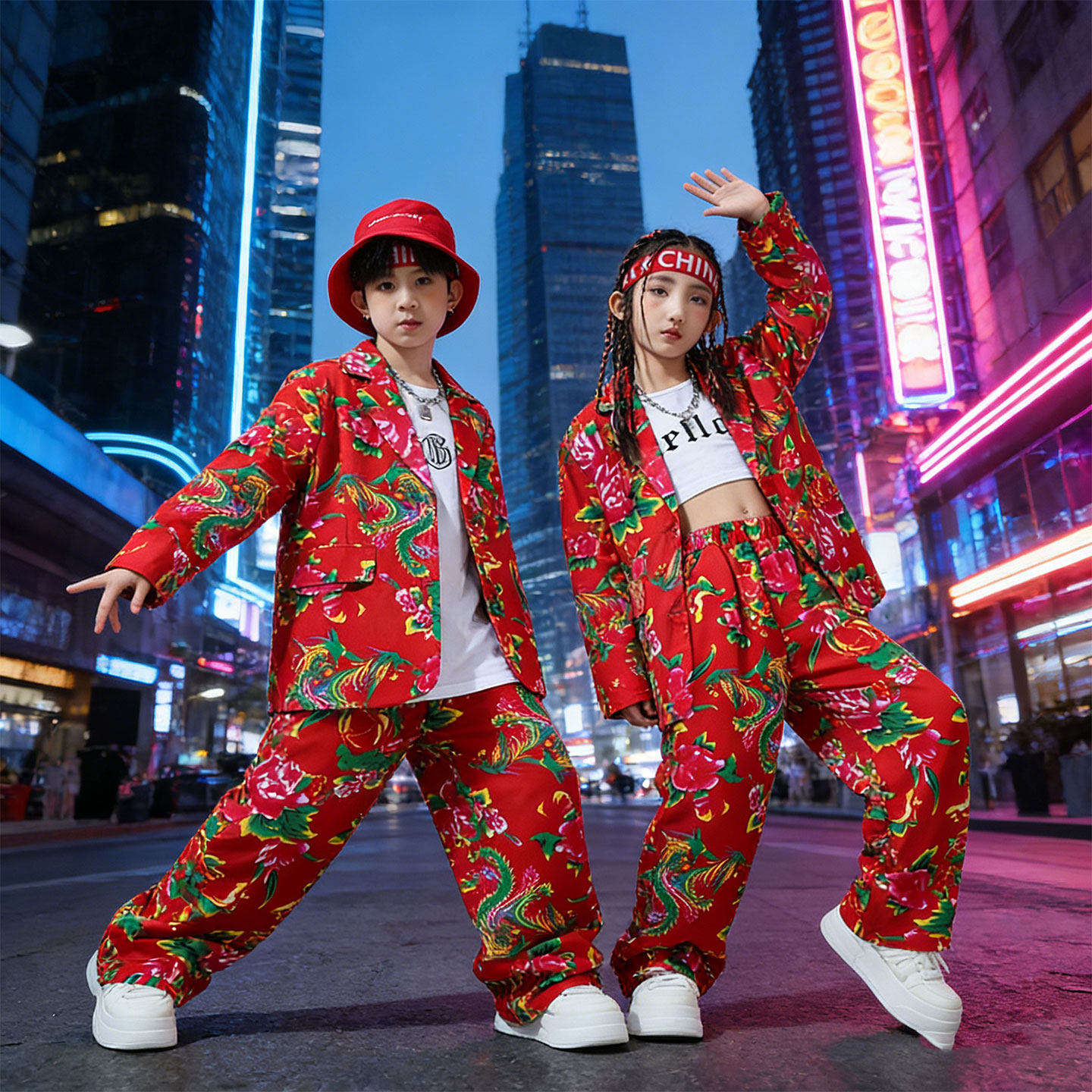 大花桥谁家大美人儿童东北大花西服套装红色嘻哈街舞演出服男女童