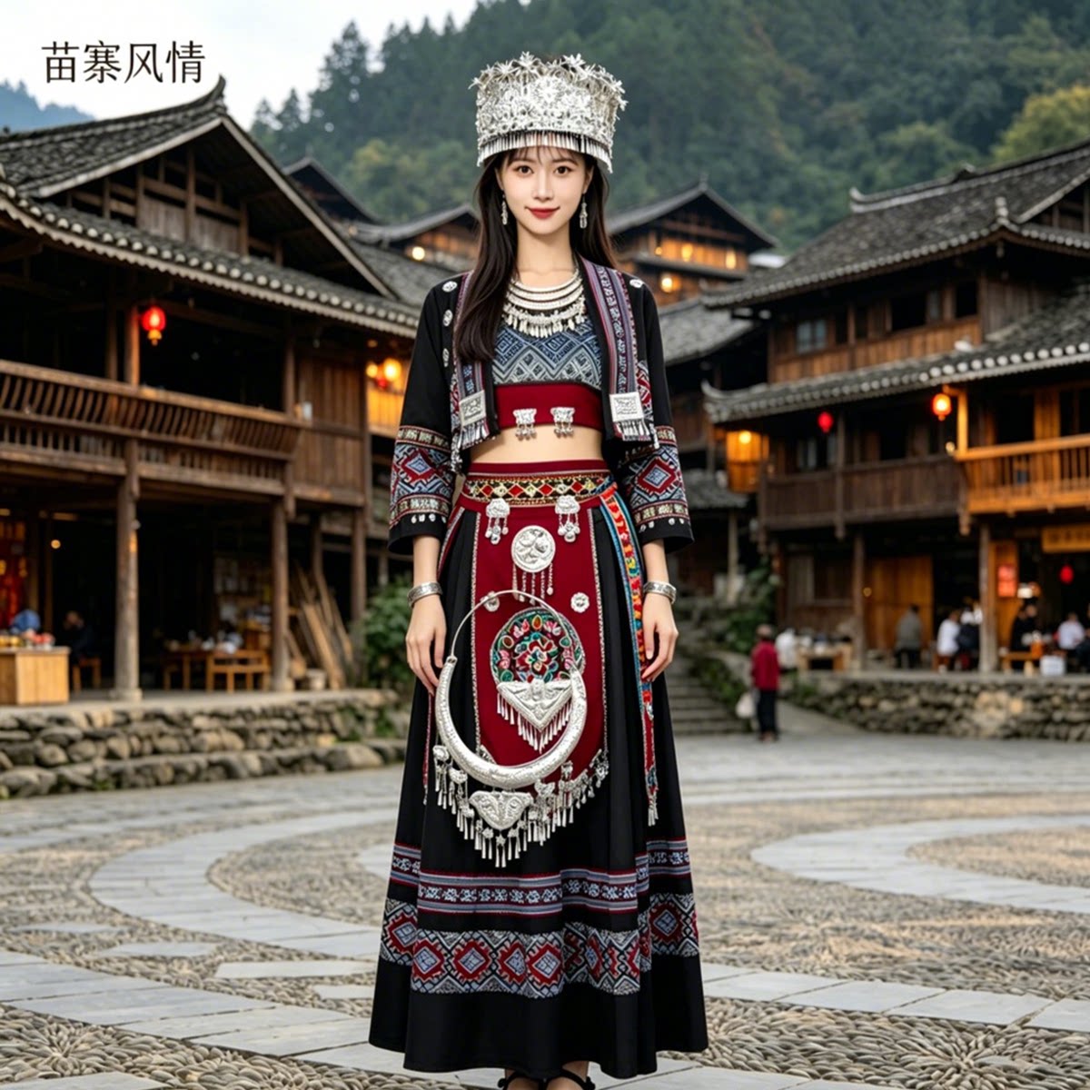 三月三新款苗族风民族服装女套装改良式刺绣流苏头饰日常少数民族