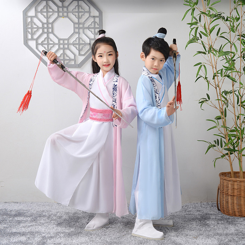 纸扇书生小道童儿童舞蹈演出服装男女学生幼儿园表演武侠客小道童