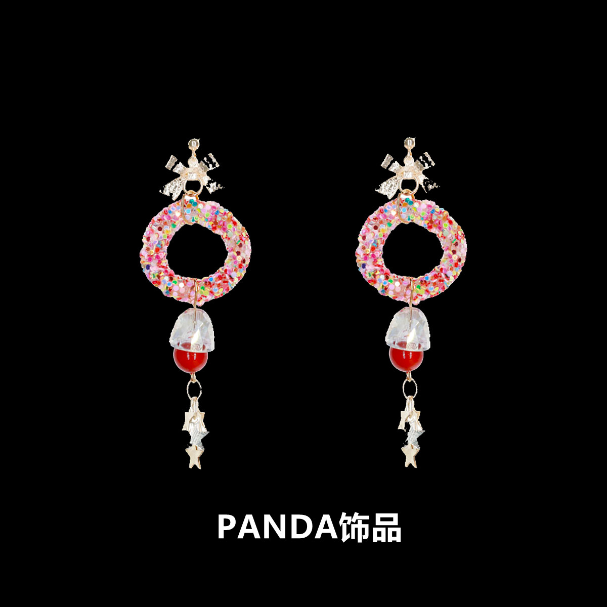 PANDA饰品 圣诞耳环 小众红色糖果铃铛长款甜心蝴蝶结925银耳钉女