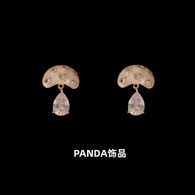 PANDA饰品 欧美可爱精致水滴锆石黄铜滴釉蘑菇925银针耳钉耳环女