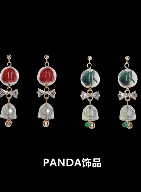PANDA饰品 圣诞耳环 小众红色绿色糖果长款甜心蝴蝶结925银耳钉女