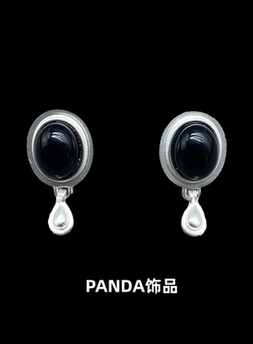 PANDA饰品 黑色水滴银色小众简约黄铜925银针耳钉耳环女