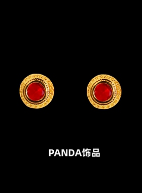 PANDA饰品 精致私款红色圆形麻花纹理迷你黄铜925银针耳钉耳环女