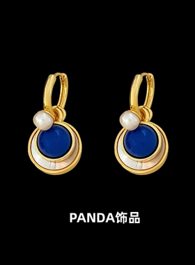 PANDA饰品 欧美藏蓝色珍珠贝母多戴款黄铜轻奢925银针耳钉耳环女