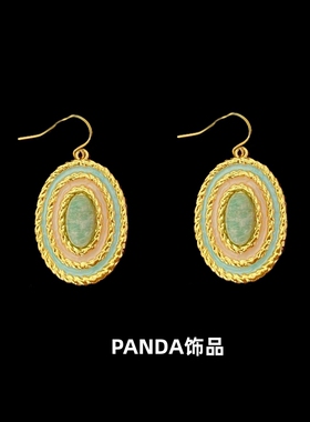 PANDA饰品 年轮粉绿色sasa同款ab复古厚重黄铜925银针耳钉耳环女