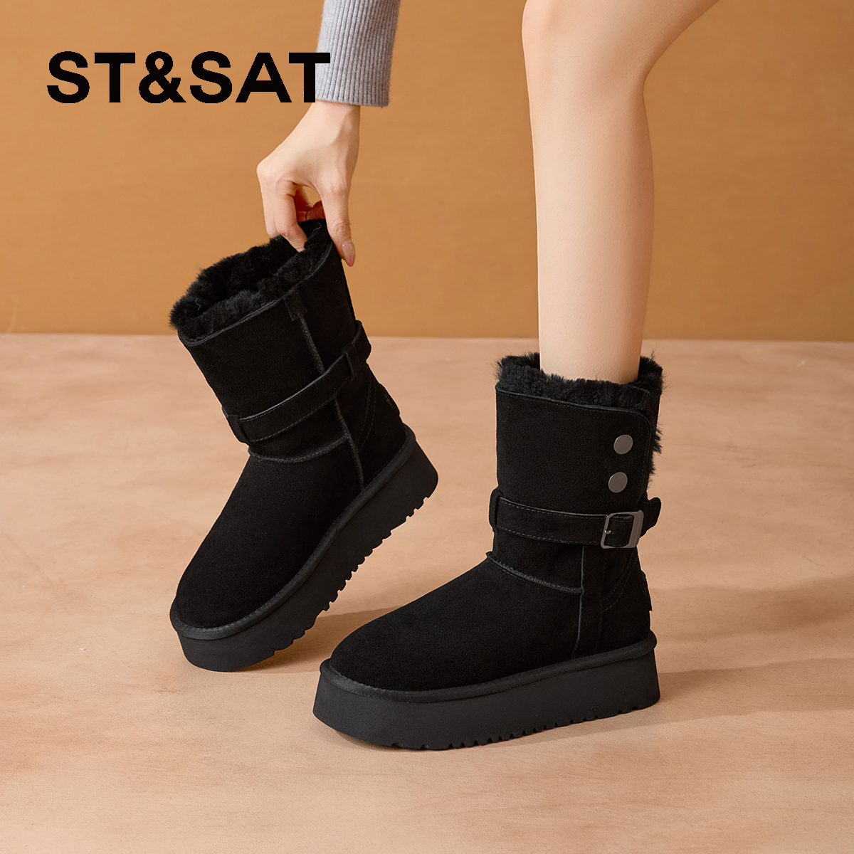 星期六加绒加厚皮带扣保暖雪地靴