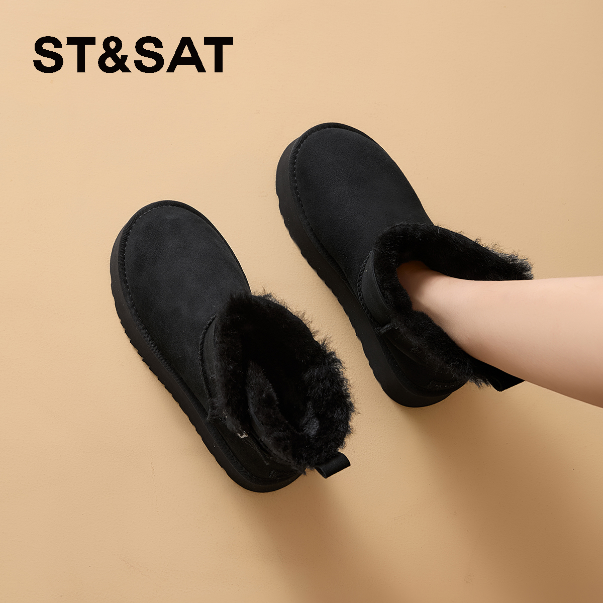 星期六羊皮毛一体增高保暖雪地靴