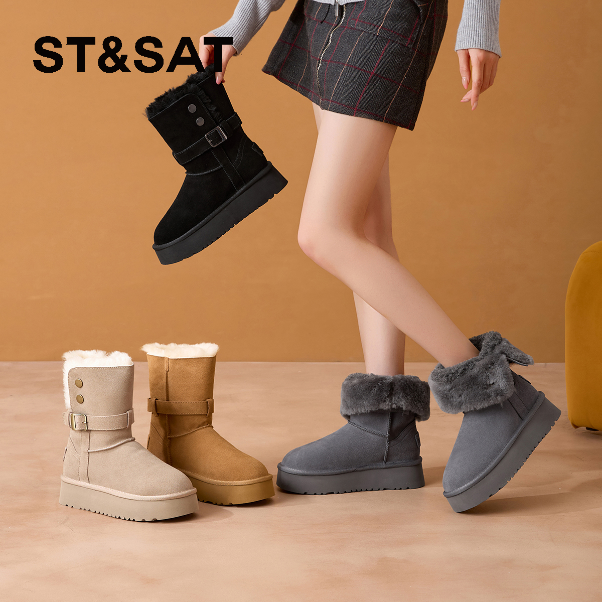 星期六加绒加厚雪地靴保暖短筒靴
