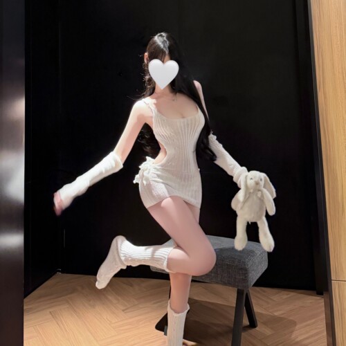 性感纯欲日系镂空露背针织绑带毛衣包臀裙情侣约会制服晴趣qqny