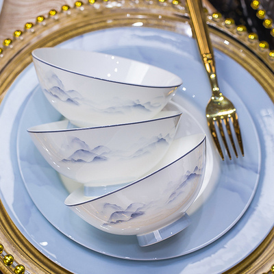 山海瑶釉下彩景德镇洛威碗碟套装家用乔迁新婚送礼骨瓷水墨新中式