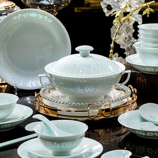 加工定制景德镇釉下彩碗碟餐具新款高温白瓷玲珑轻奢碗盘套装送礼