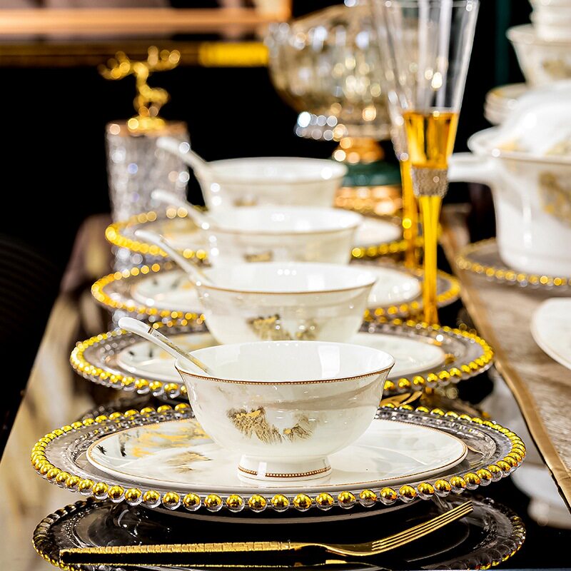 日照景德镇陶瓷餐具碗盘碟子组合全套礼品新中式骨瓷碗筷套装新款