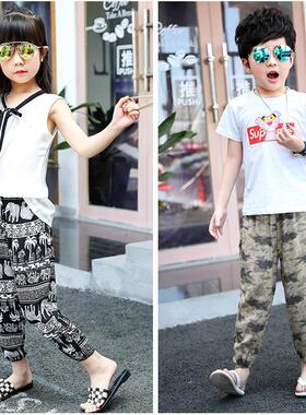 儿童防蚊裤夏季棉绸薄款冰丝男童人造棉大象裤女童灯笼裤宝宝睡裤