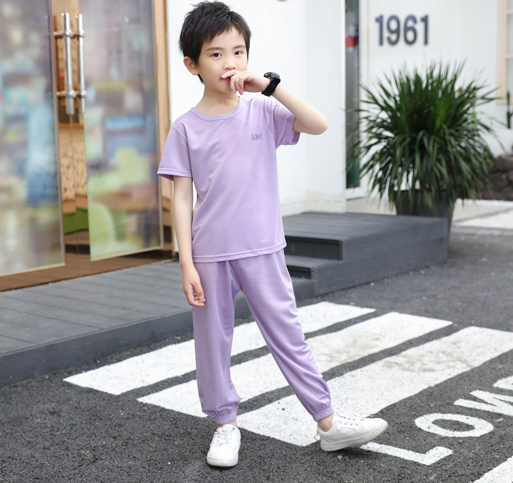 夏日休闲清凉儿童薄款标纯色短袖套装物理防蚊裤男童女童冰丝 批