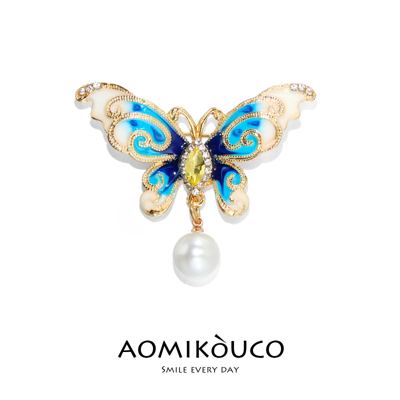 复古文艺国风珍珠蝴蝶胸针精致高级彩绘毛衣外套别针旗袍胸花配饰