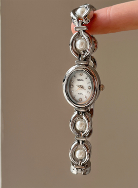 vintage椭圆形镶钻珍珠手链表手表女时尚复古高颜值链条式石英表