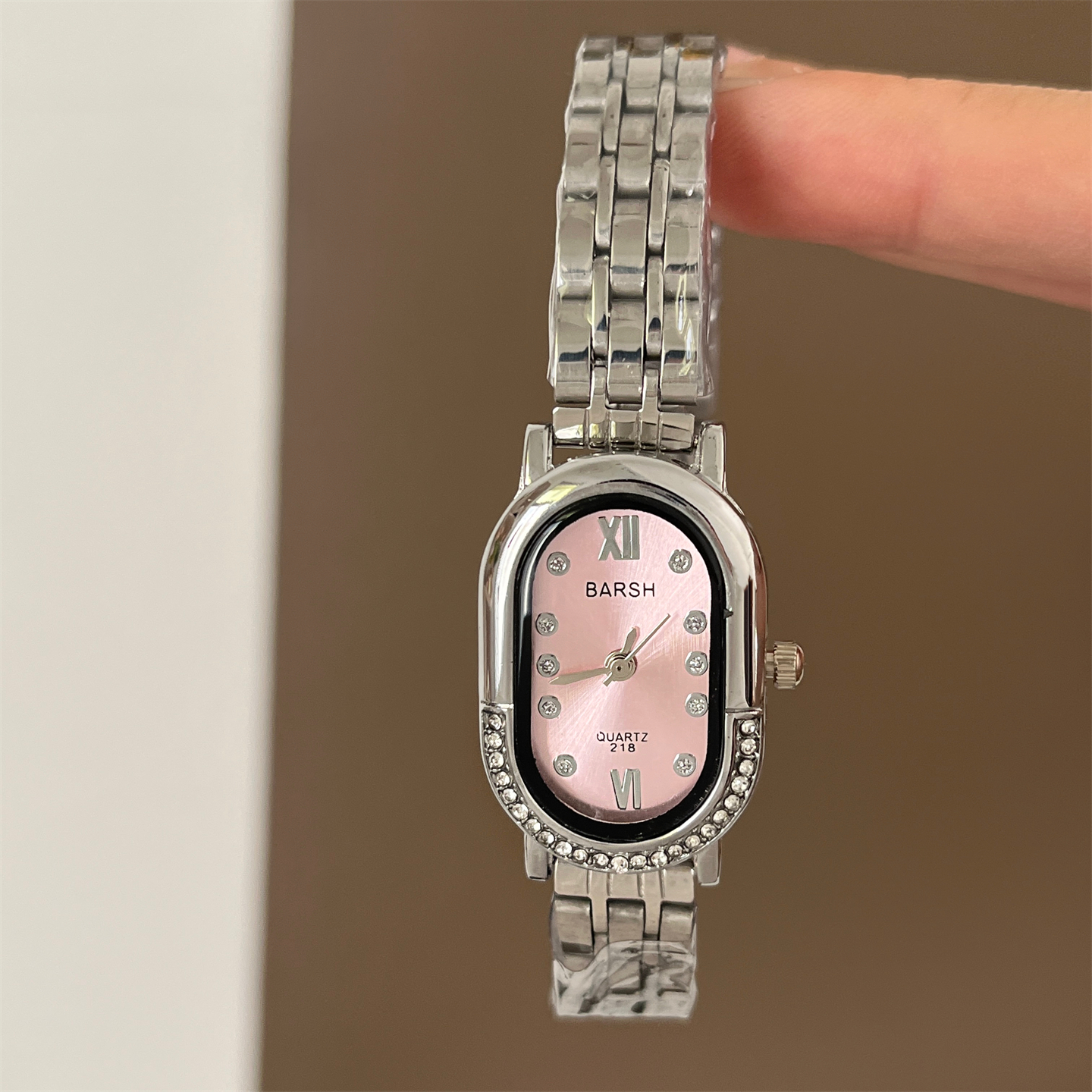 BARSH高颜值椭圆镶钻钢带手表女