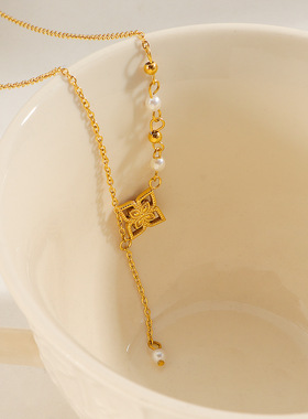 新中式镂空花朵流苏项链钛女钢不掉色法式复古金色珍珠流苏锁骨链