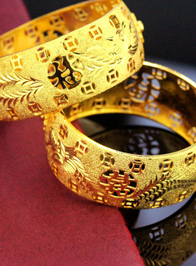 25mm钱币福喜龙凤手镯金店同款沙金仿真金结婚婚嫁新娘假三金镯子