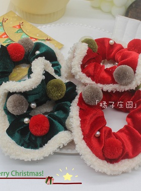圣诞毛球重工钉珠发圈女新年红色大肠圈秋冬毛绒球球发绳过年发饰