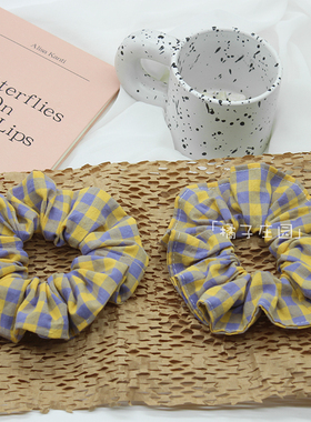 原创手工黄紫色复古格子大肠发圈大号马尾皮筋头绳发绳发饰头饰品