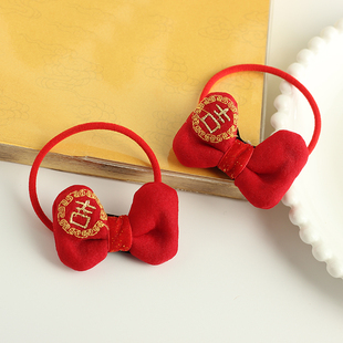 高档刺绣新年红头绳红色蝴蝶结发圈中国风吉祥如意发绳过年发饰品