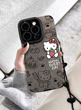 适用于iphone16pro手机壳新款翻毛皮草莓kt猫苹果17promax镜头全包15plus硅胶外壳灰色贴皮防摔14/13通用挂绳