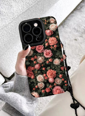 适用于iphone16pro手机壳新款翻毛皮满屏玫瑰苹果17promax镜头全包15plus硅胶外壳贴皮黑色防摔14/13通用挂绳