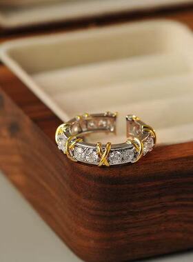 双色交叉微镶锆石开口食指戒指女轻奢小众设计感指环